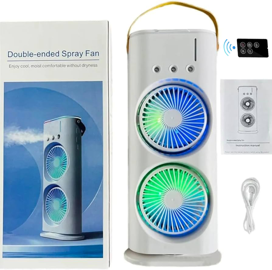 Rechargeable Remote Control Double Head Spray Cooling Fan – Adjustable Speeds, Powerful Spray & LED Night Light